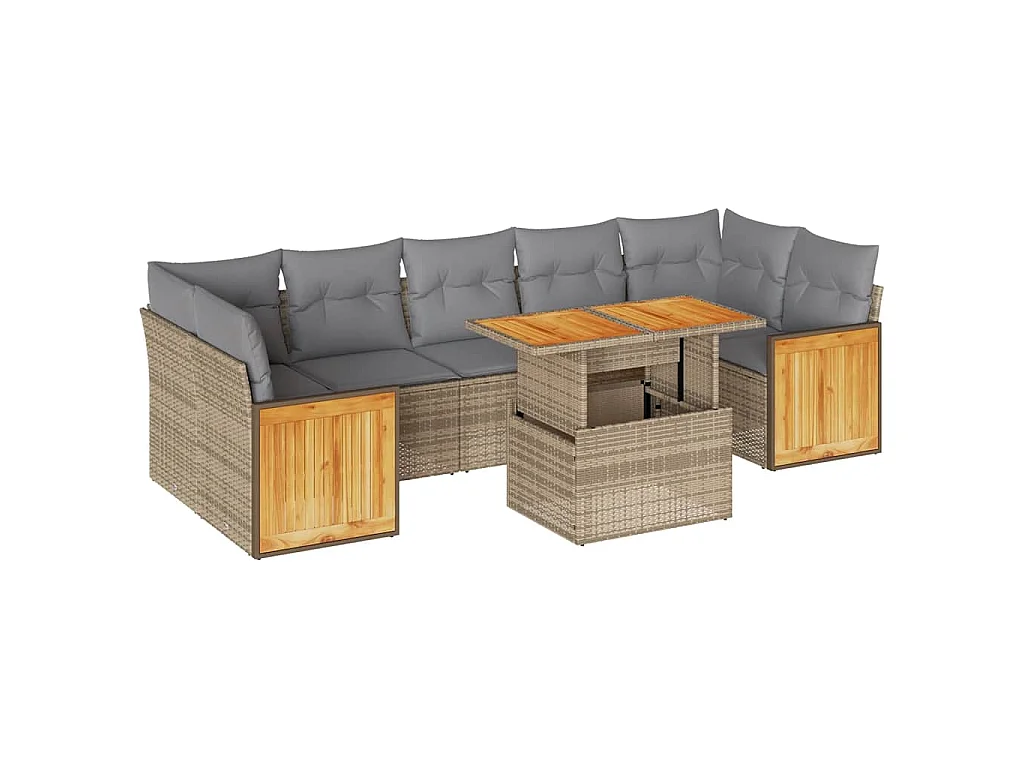 8-tlg. Garten-Sofagarnitur mit Kissen Beige Poly Rattan Akazie