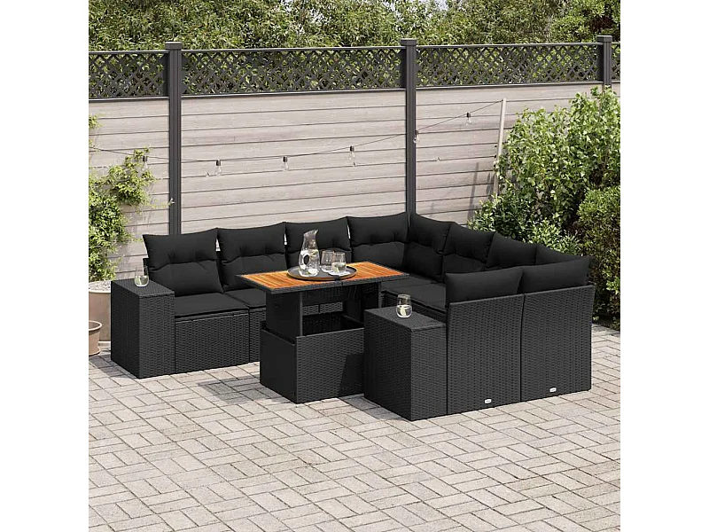 Set Divani da Giardino 9 pz con Cuscini Nero in Polyrattan