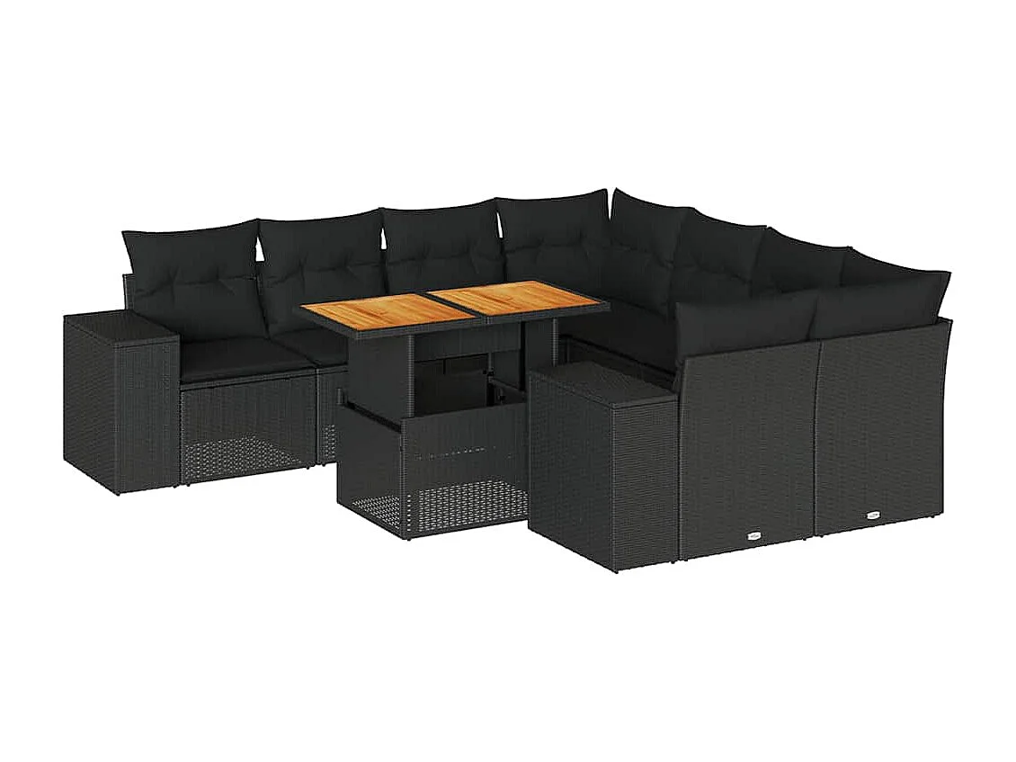 Salon de jardin 9 pcs avec coussins noir résine tressée