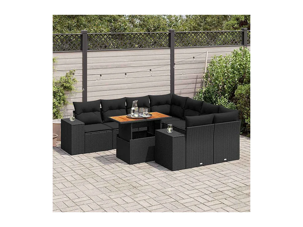 Salon de jardin 9 pcs avec coussins noir résine tressée