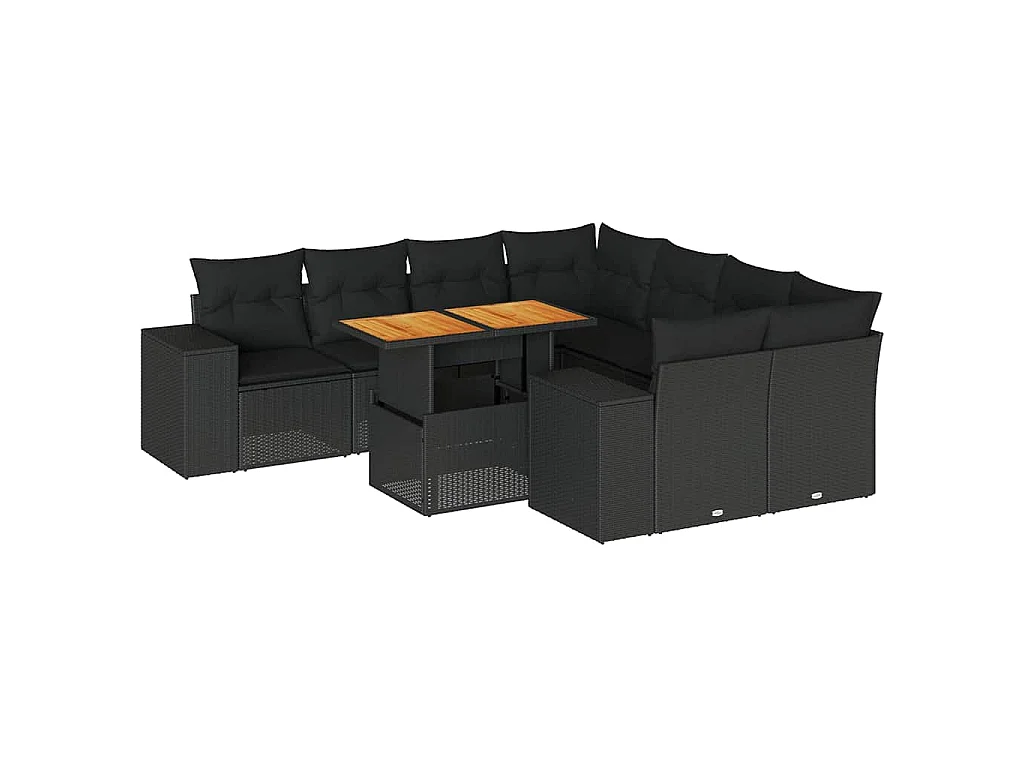 9-delige Loungeset met kussens poly rattan zwart