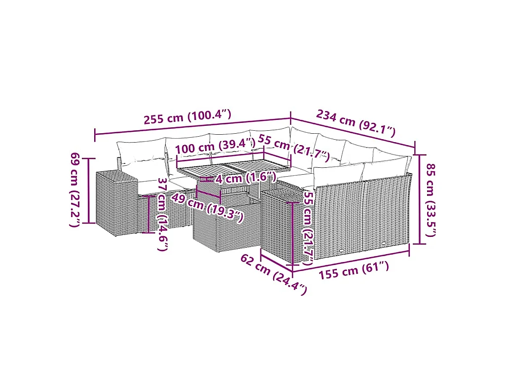 9-delige Loungeset met kussens poly rattan zwart