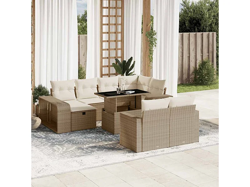 Set de sofás de jardín 11pzas con cojines ratán sintético beige
