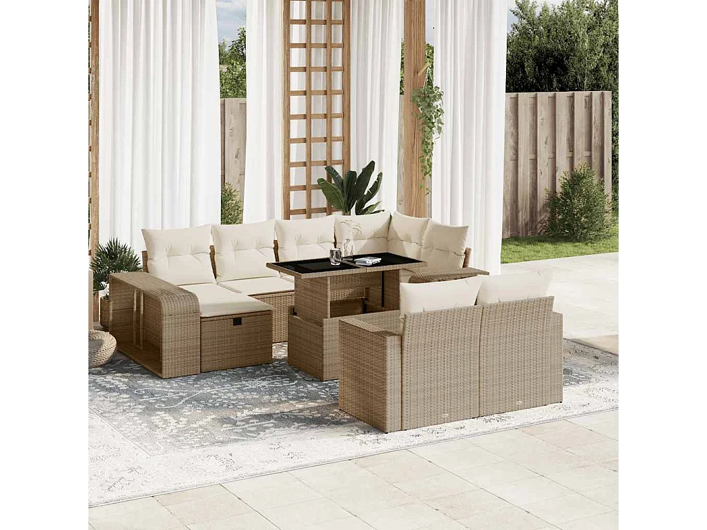 Set Divani da Giardino 11 pz con Cuscini Beige in Polyrattan