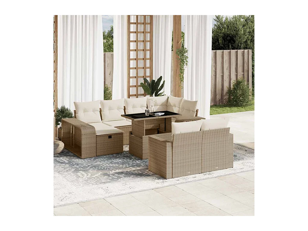 Salon de jardin 11 pcs avec coussins beige résine tressée