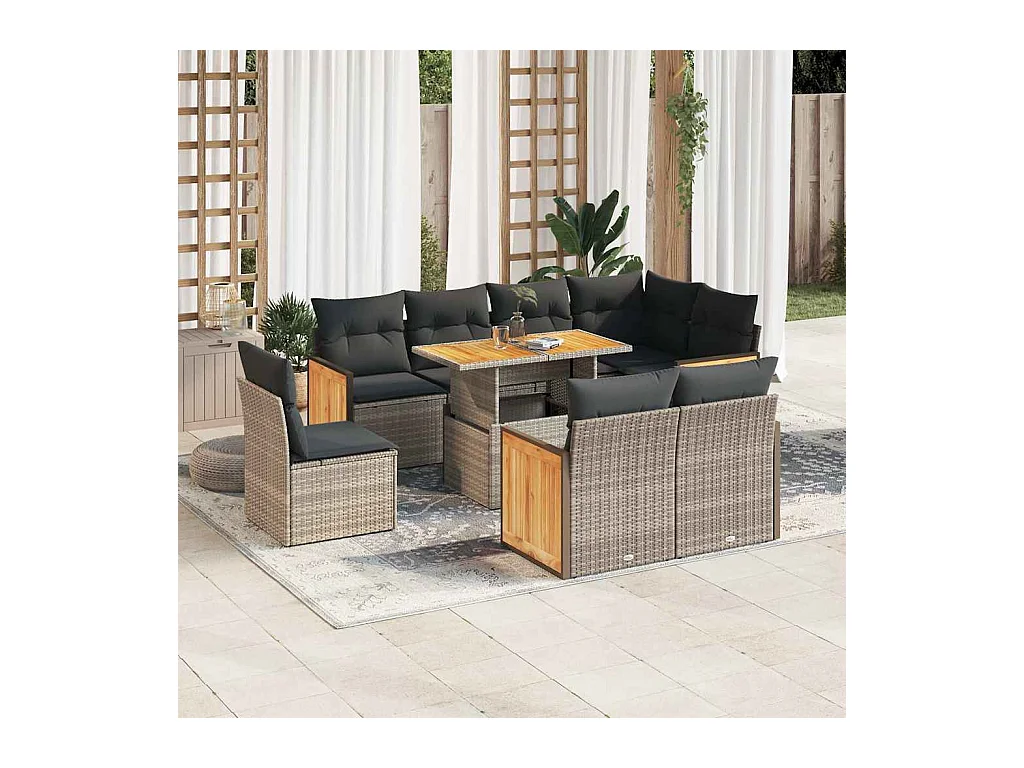 Salon de jardin avec coussins 9 pcs gris résine tressée acacia