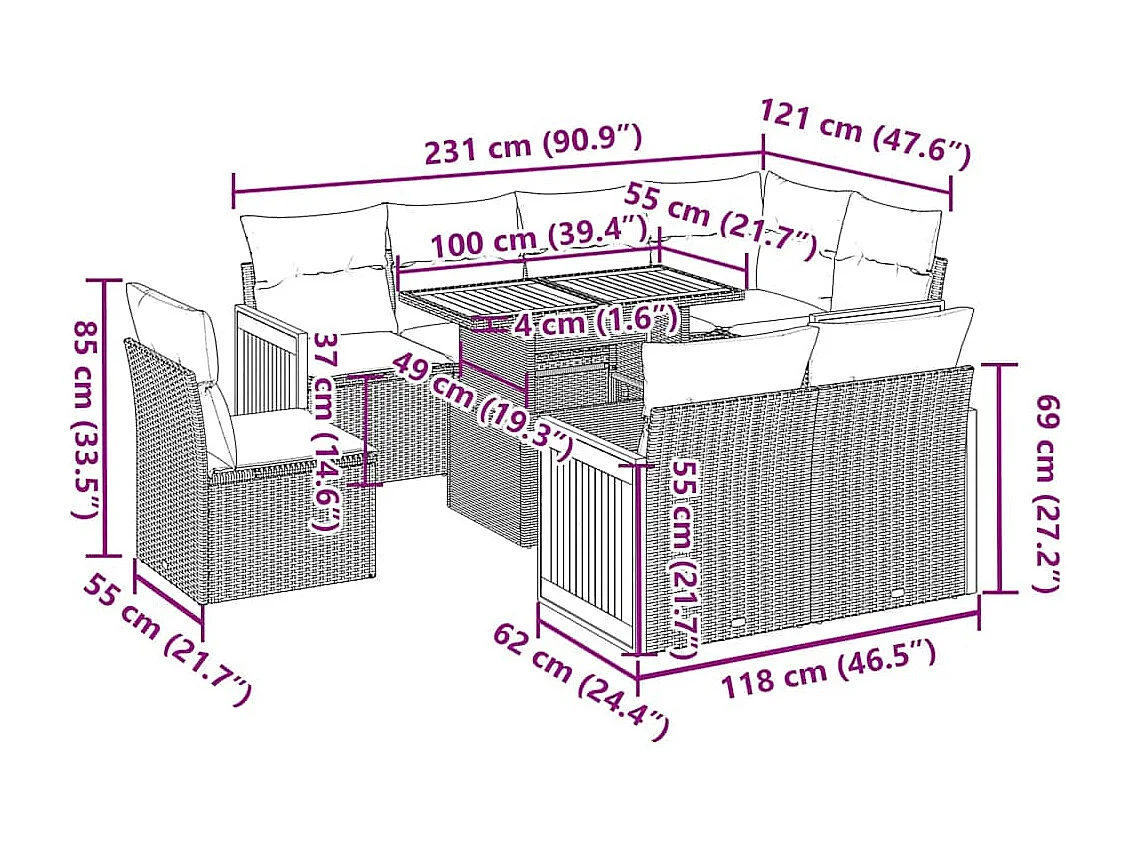 Salon de jardin avec coussins 9 pcs gris résine tressée acacia