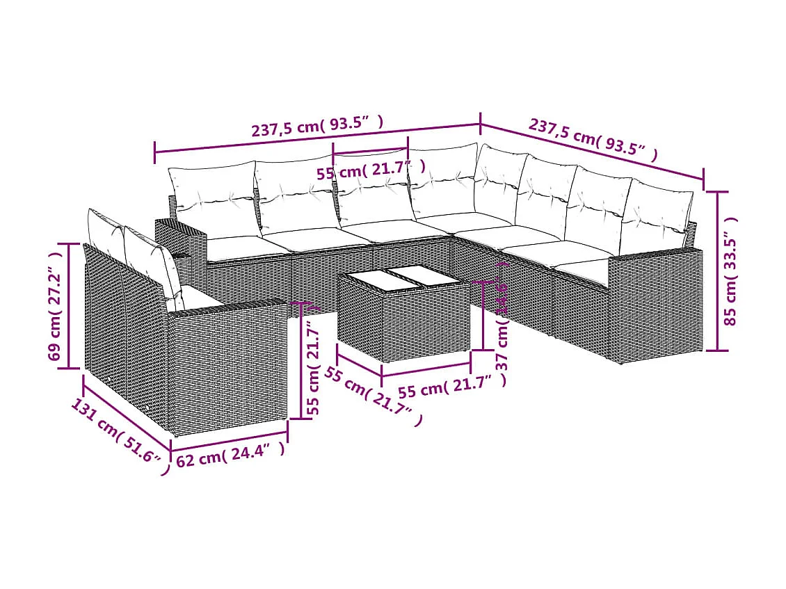 Salon de jardin avec coussins 10 pcs gris clair résine tressée