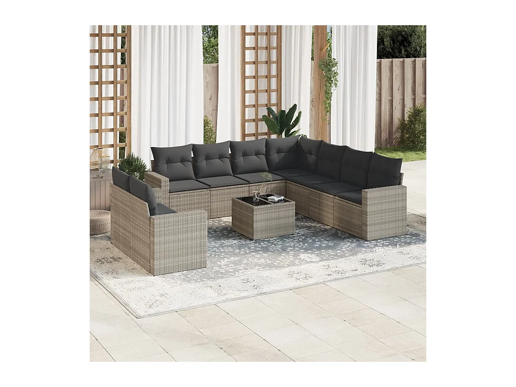 Salon de jardin avec coussins 10 pcs gris clair résine tressée