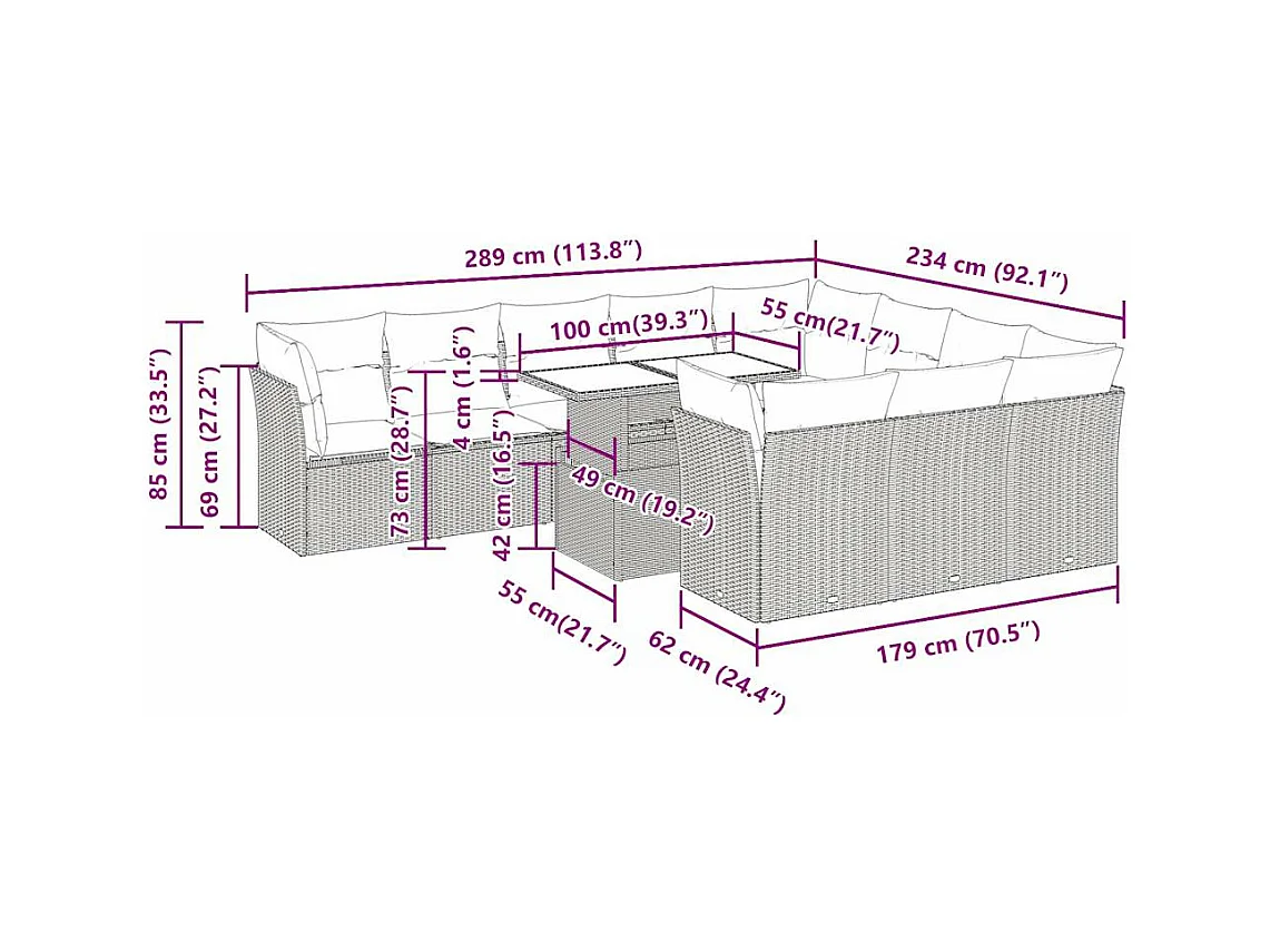 11-delige Loungeset met kussens poly rattan bruin