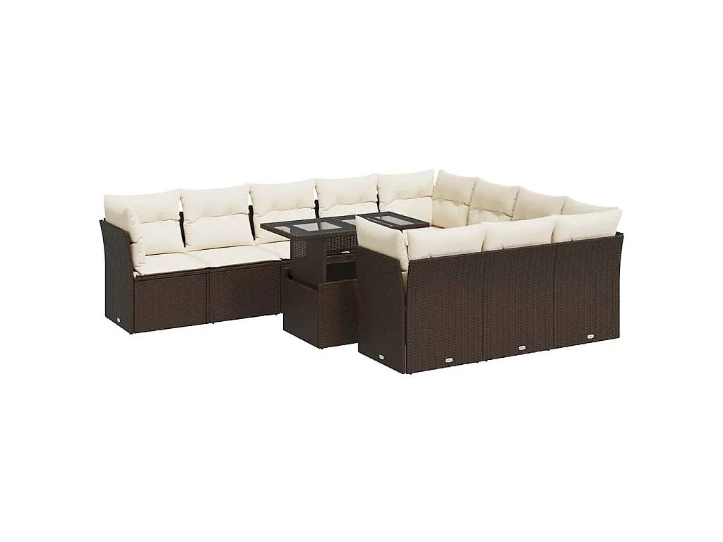 11-tlg. Garten-Sofagarnitur mit Kissen Braun Poly Rattan