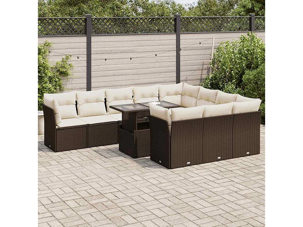 11-tlg. Garten-Sofagarnitur mit Kissen Braun Poly Rattan