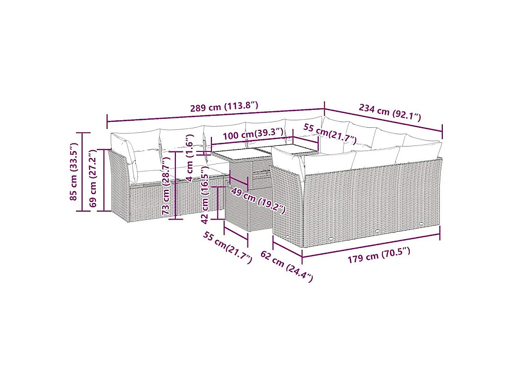 11-tlg. Garten-Sofagarnitur mit Kissen Braun Poly Rattan