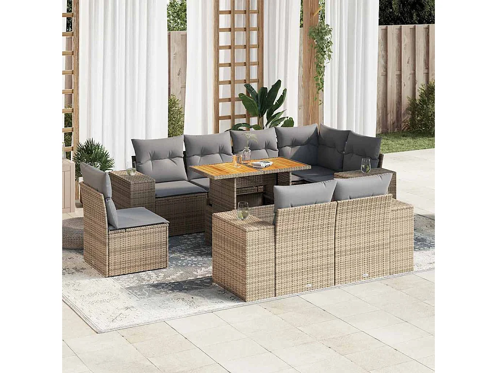Salon de jardin avec coussins 9 pcs beige résine tressée
