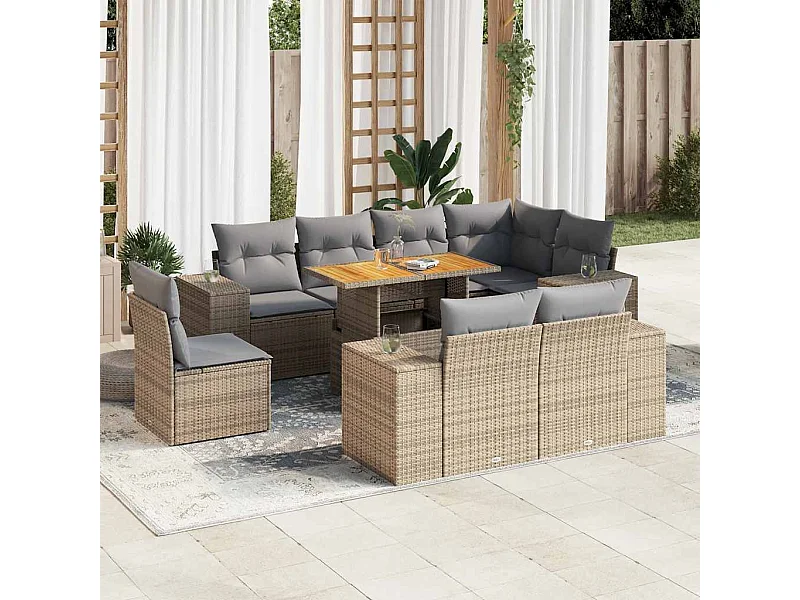 Salon de jardin avec coussins 9 pcs beige résine tressée