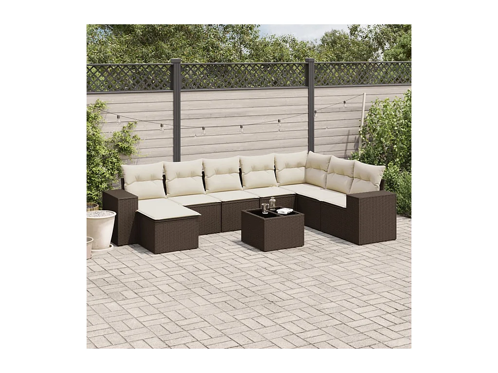 Salon de jardin avec coussins 9 pcs marron résine tressée
