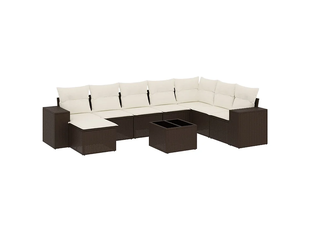 9-tlg. Garten-Sofagarnitur mit Kissen Braun Poly Rattan