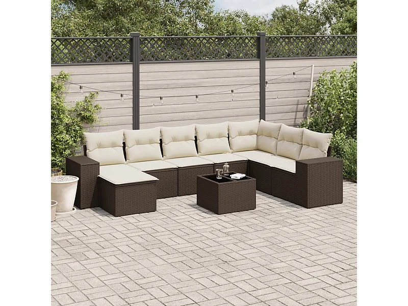 Set Divani da Giardino 9pz con Cuscini Marrone in Polyrattan