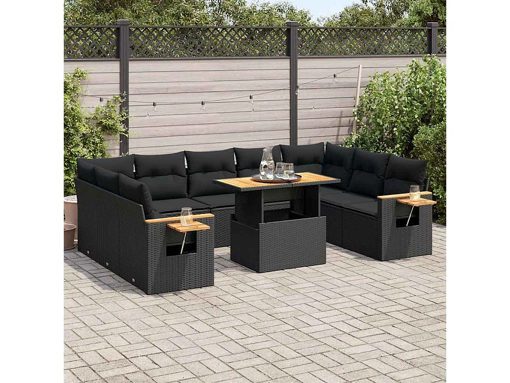 10-tlg. Garten-Sofagarnitur mit Kissen Schwarz Poly Rattan