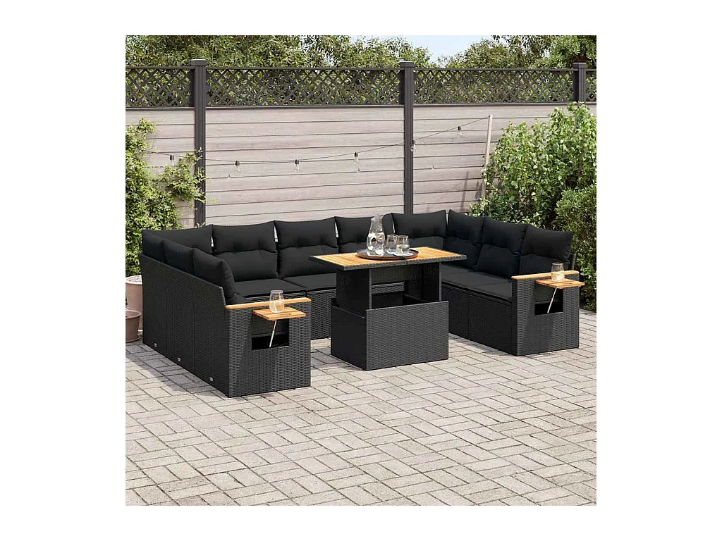 Salon de jardin 10 pcs avec coussins noir résine tressée acacia