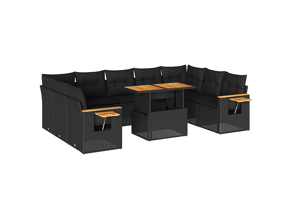 10-delige Loungeset met kussens poly rattan acacia zwart