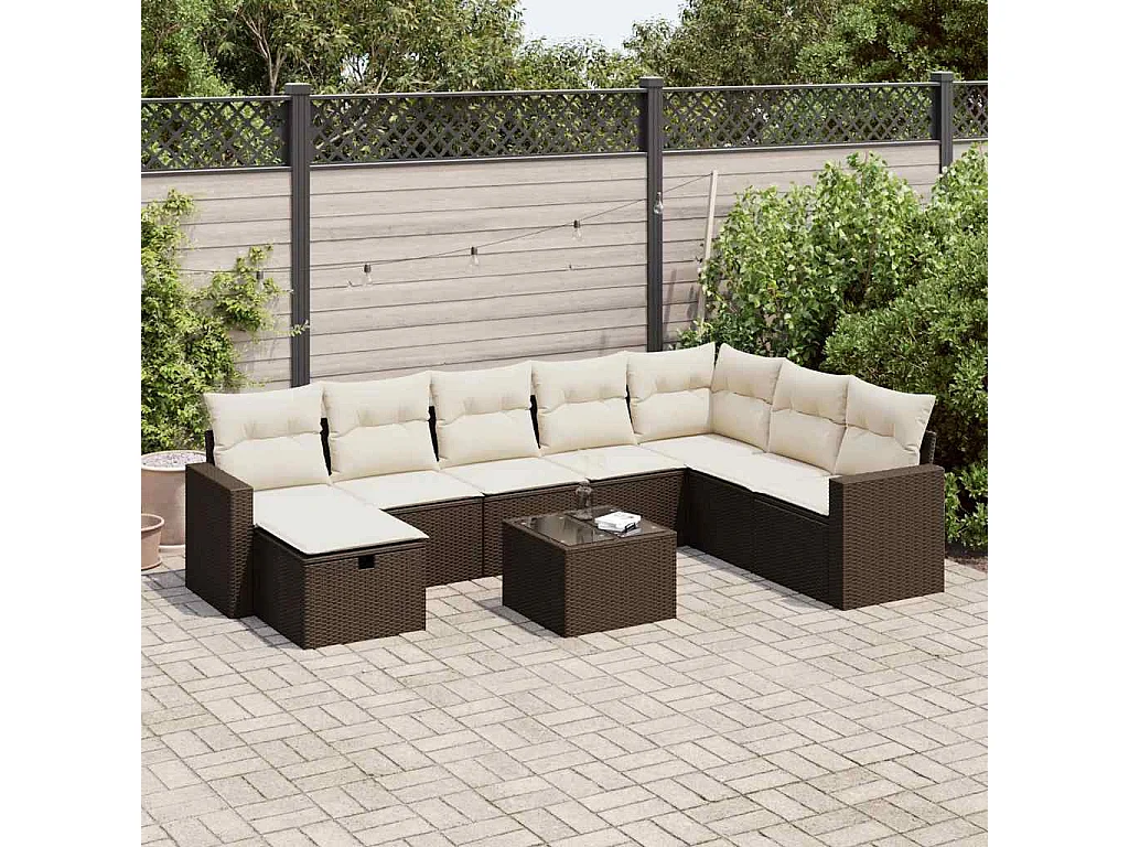 Set Divani da Giardino 9pz con Cuscini Marrone in Polyrattan