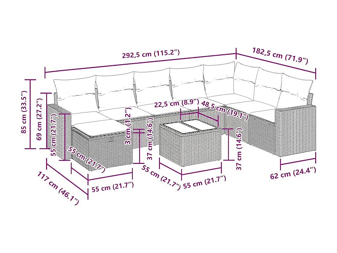 Set Divani da Giardino 9pz con Cuscini Marrone in Polyrattan