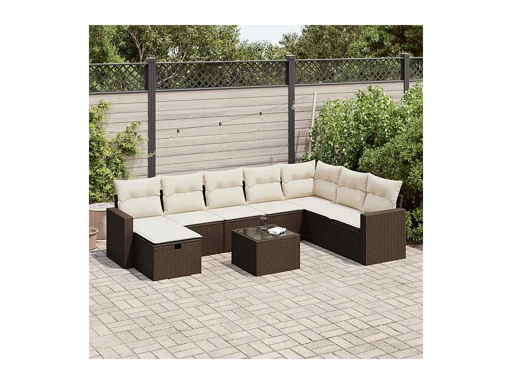 Salon de jardin avec coussins 9 pcs marron résine tressée