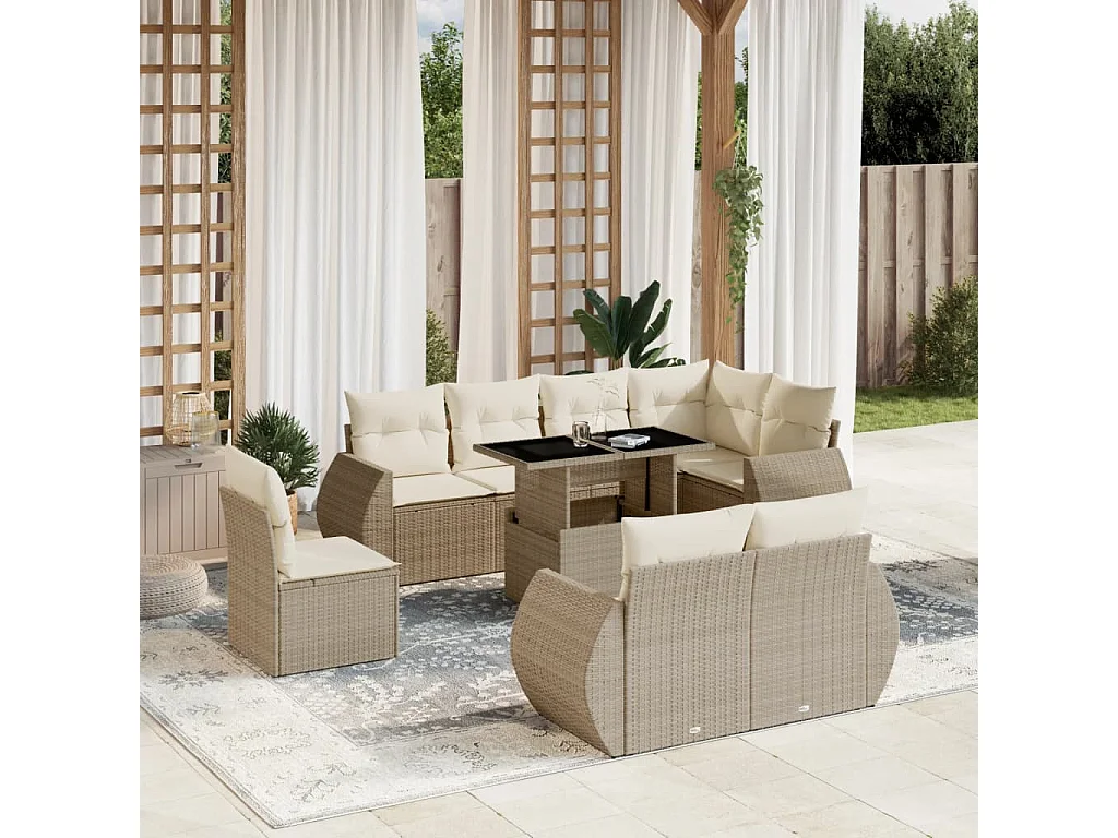 9-delige Loungeset met kussens poly rattan beige