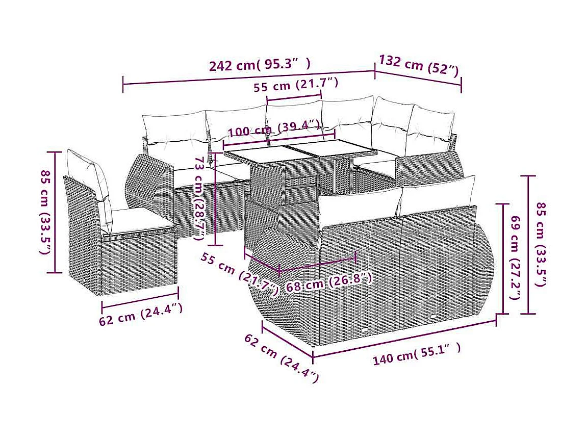 Salon de jardin avec coussins 9 pcs beige résine tressée