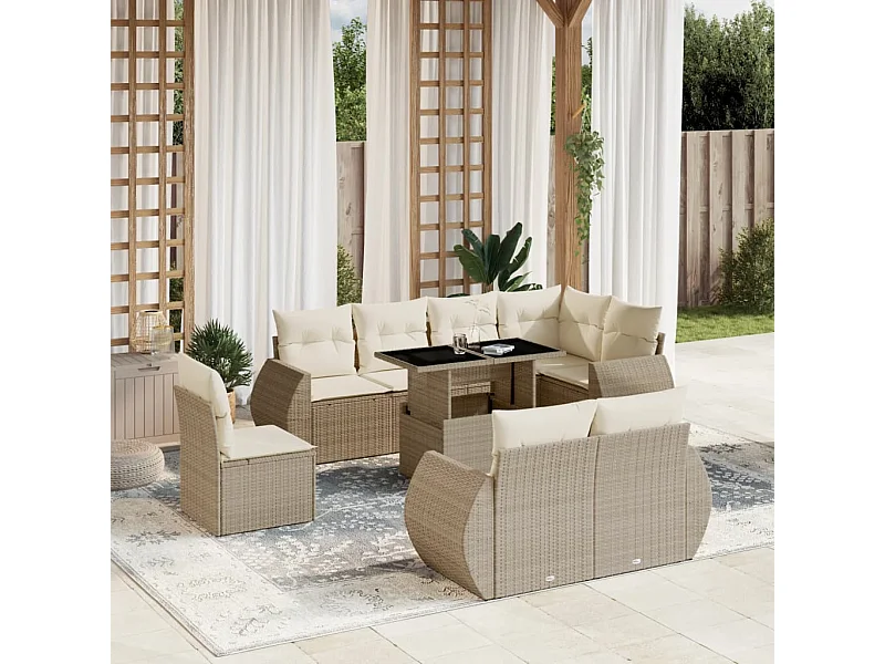 Salon de jardin avec coussins 9 pcs beige résine tressée