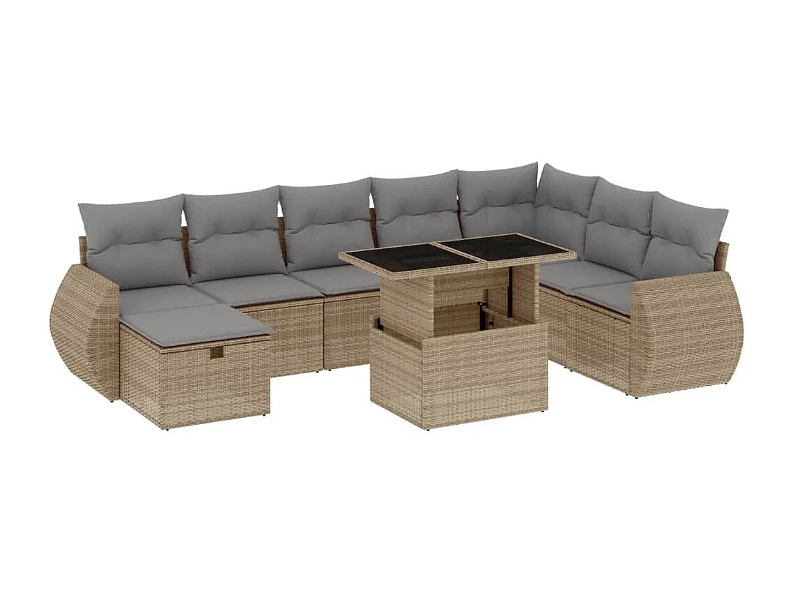 Salon de jardin avec coussins 9 pcs beige résine tressée