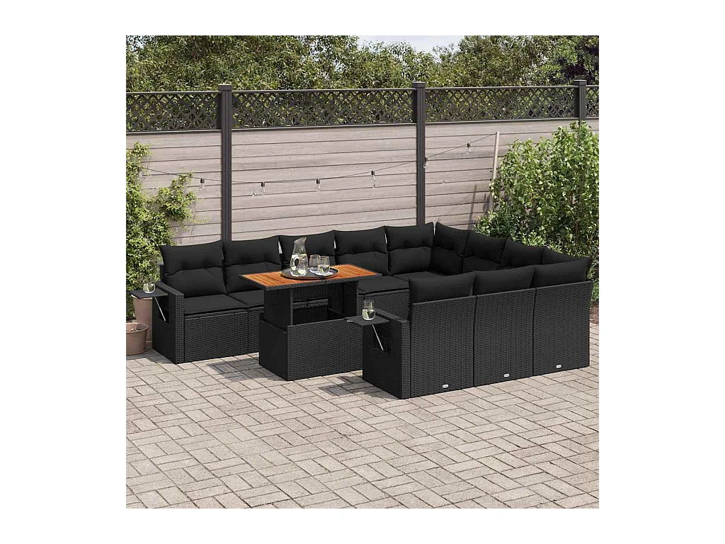Salon de jardin 11 pcs avec coussins noir résine tressée