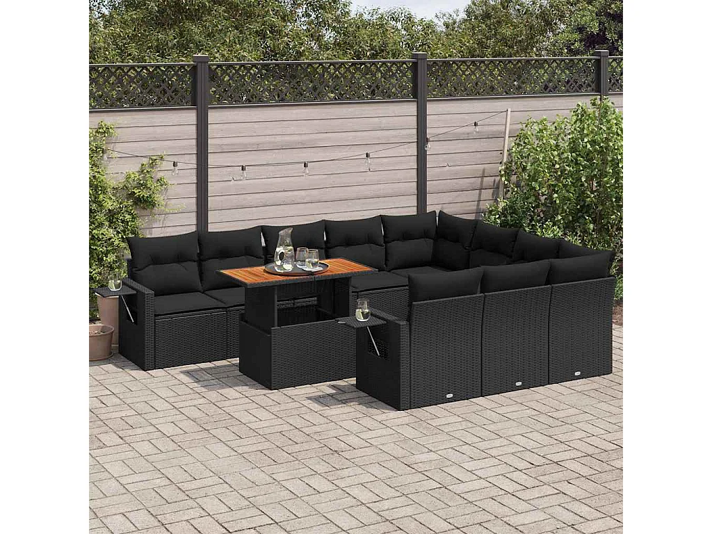 Set de sofás de jardín 11 pzas y cojines ratán sintético negro