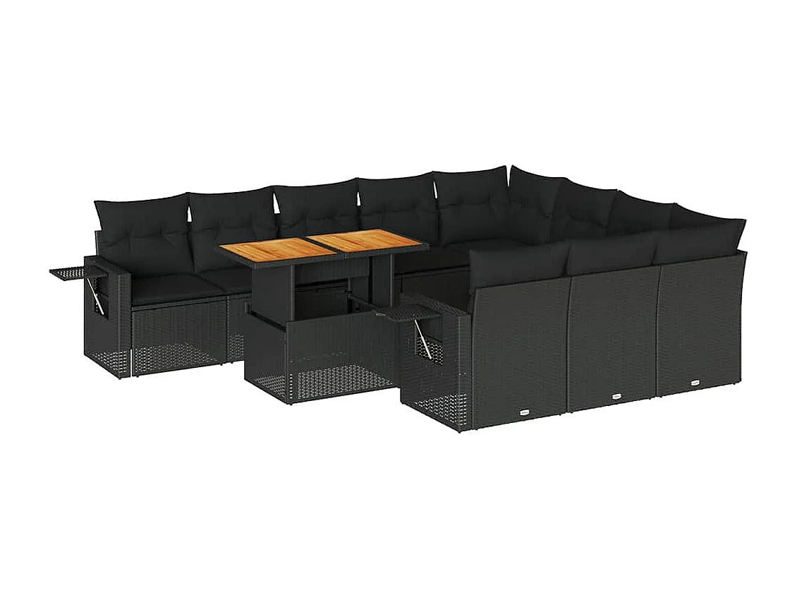 Set de sofás de jardín 11 pzas y cojines ratán sintético negro