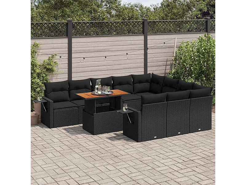 Salon de jardin 11 pcs avec coussins noir résine tressée