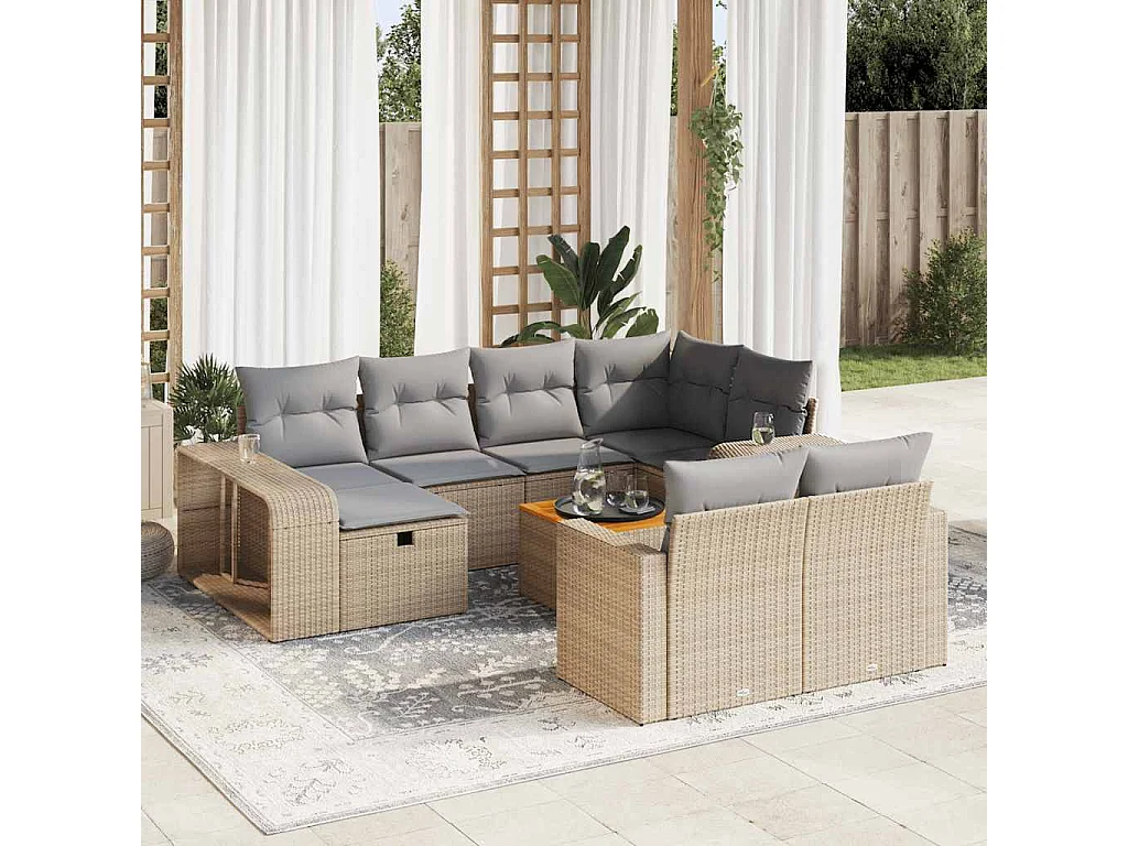 Set Divani da Giardino 11 pz con Cuscini Beige in Polyrattan