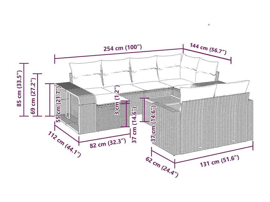 Set Divani da Giardino 11 pz con Cuscini Beige in Polyrattan
