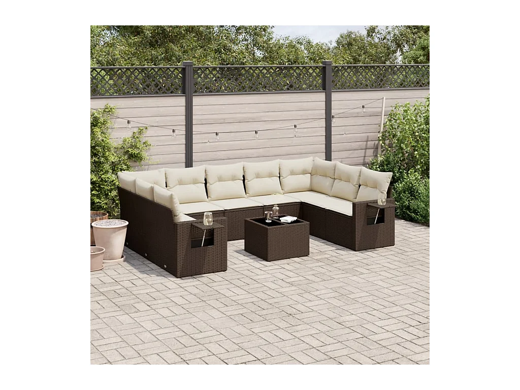 Salon de jardin 10 pcs avec coussins marron résine tressée