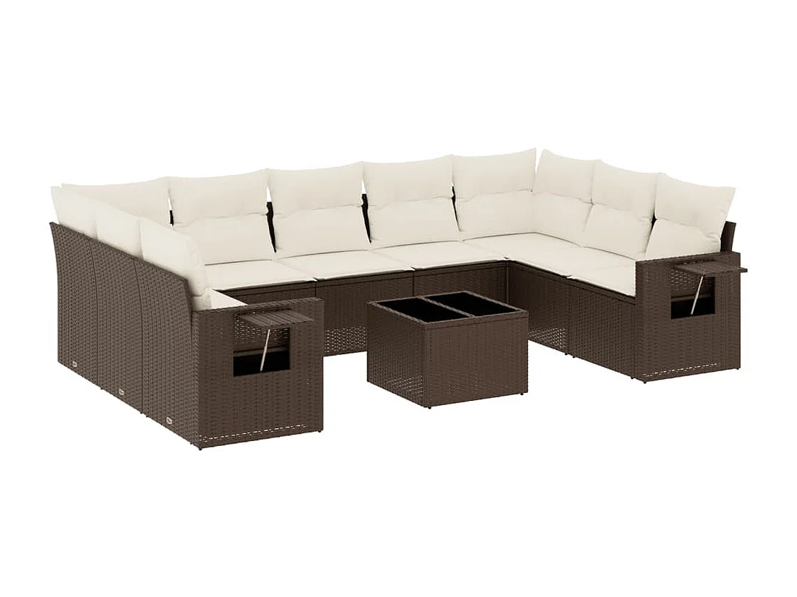 10-delige Loungeset met kussens poly rattan bruin