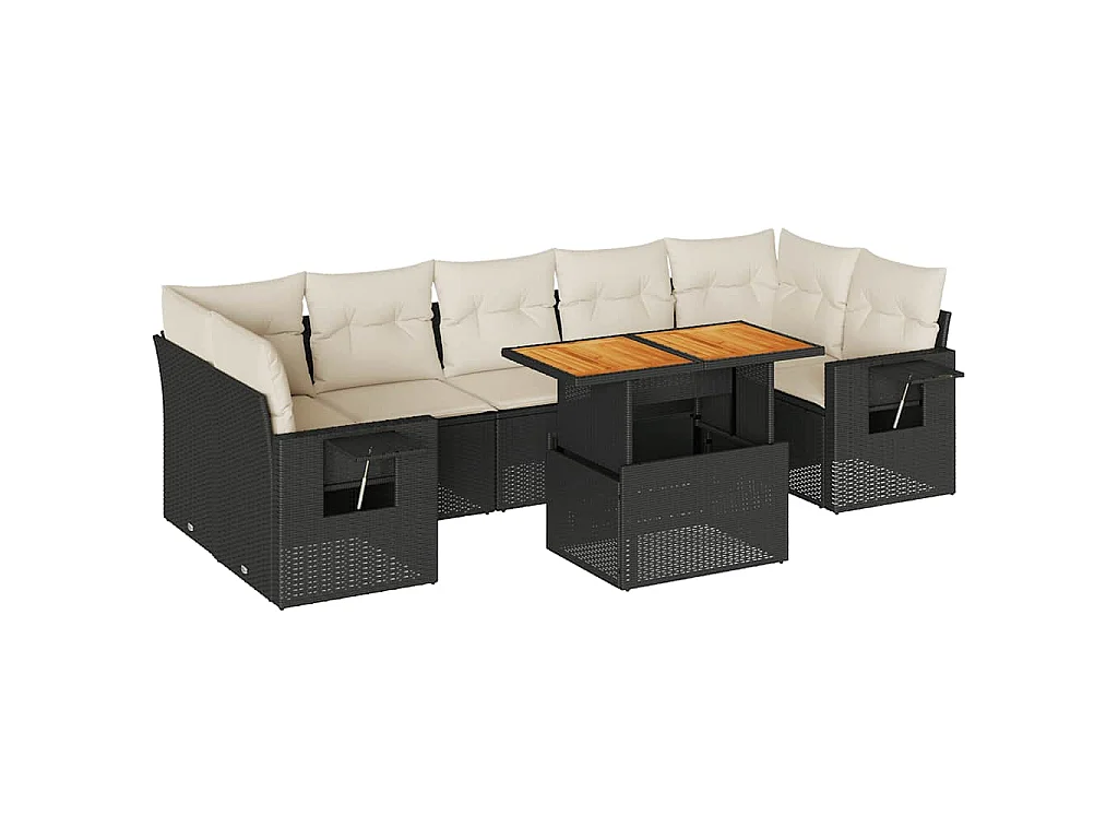 8-delige Loungeset met kussens poly rattan zwart