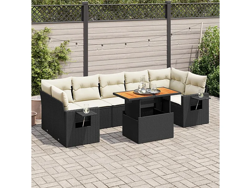 8-delige Loungeset met kussens poly rattan zwart