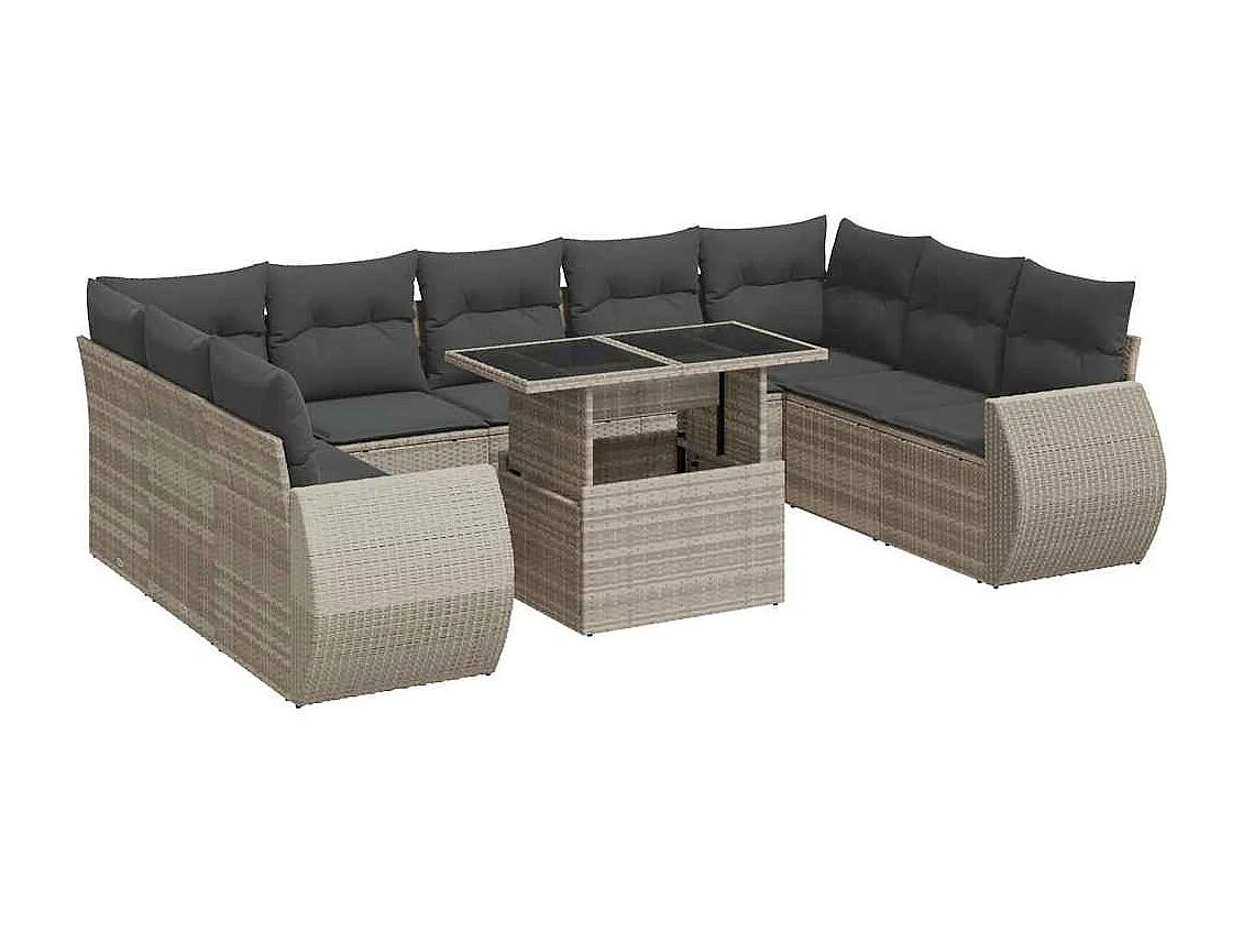 Salon de jardin avec coussins 10 pcs gris clair résine tressée
