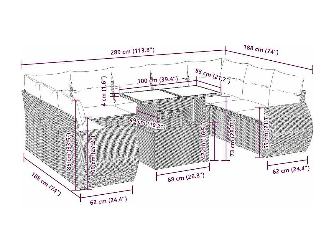 Salon de jardin avec coussins 10 pcs gris clair résine tressée