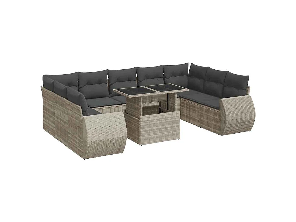 10-delige Loungeset met kussens poly rattan lichtgrijs