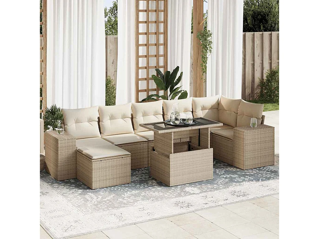Salon de jardin avec coussins 8 pcs beige résine tressée