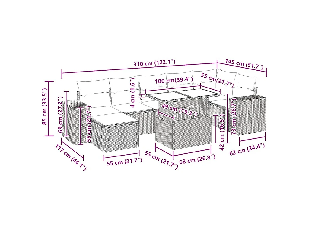 Salon de jardin avec coussins 8 pcs beige résine tressée