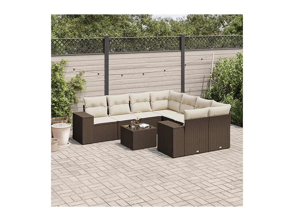 Salon de jardin avec coussins 9 pcs marron résine tressée
