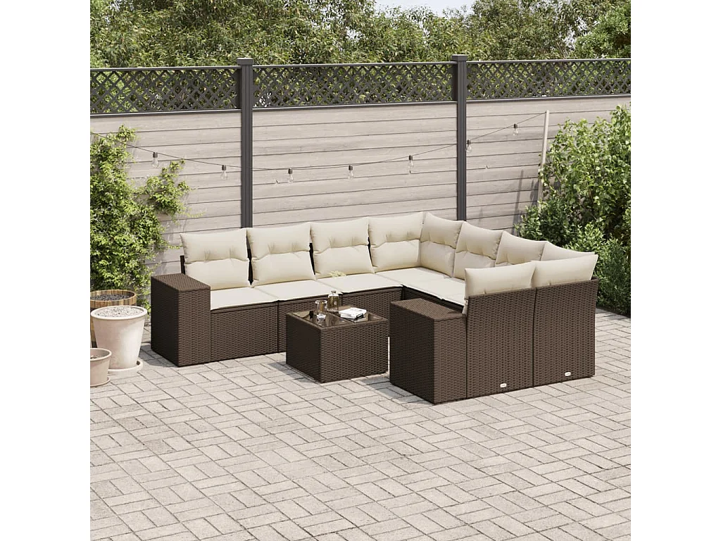 9-tlg. Garten-Sofagarnitur mit Kissen Braun Poly Rattan