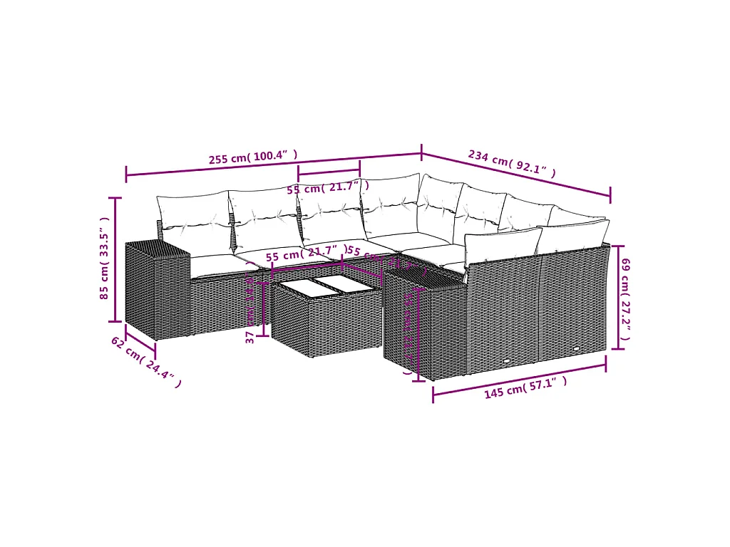 9-tlg. Garten-Sofagarnitur mit Kissen Braun Poly Rattan